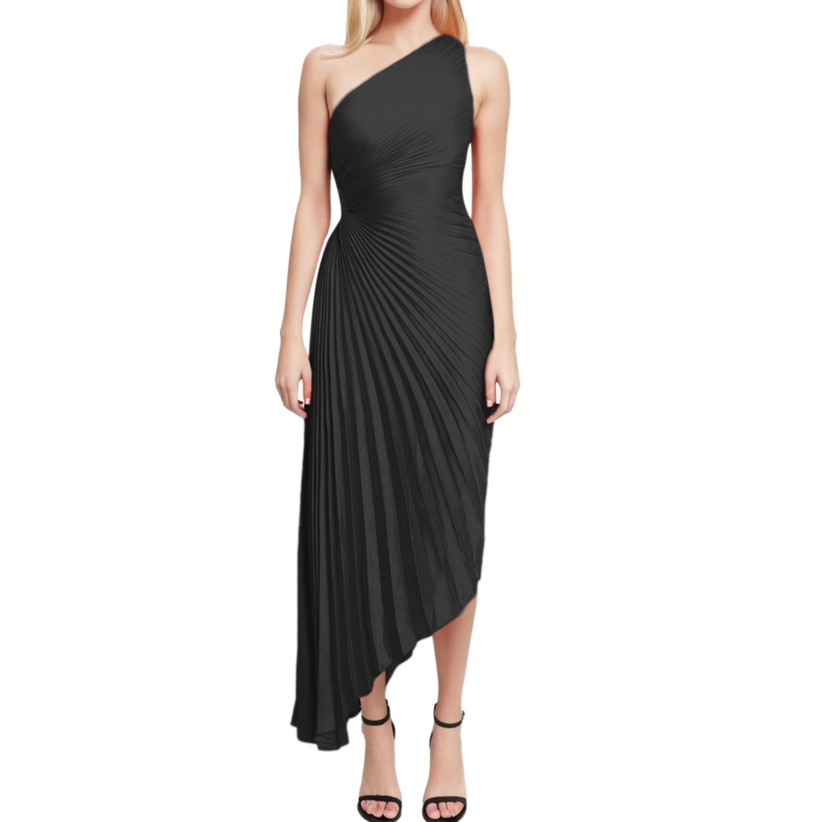 thumbnail image 2 of Vestido de noche de satén con un hombro descubierto, volantes y aberturas, cintura plisada en color liso, para fiestas y bodas, XS-XL, 2 of 4
